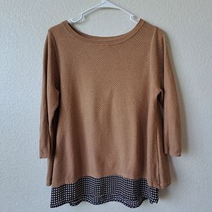 Womans Tan Waffle Knit Layered Split Back Sweater Size Medium